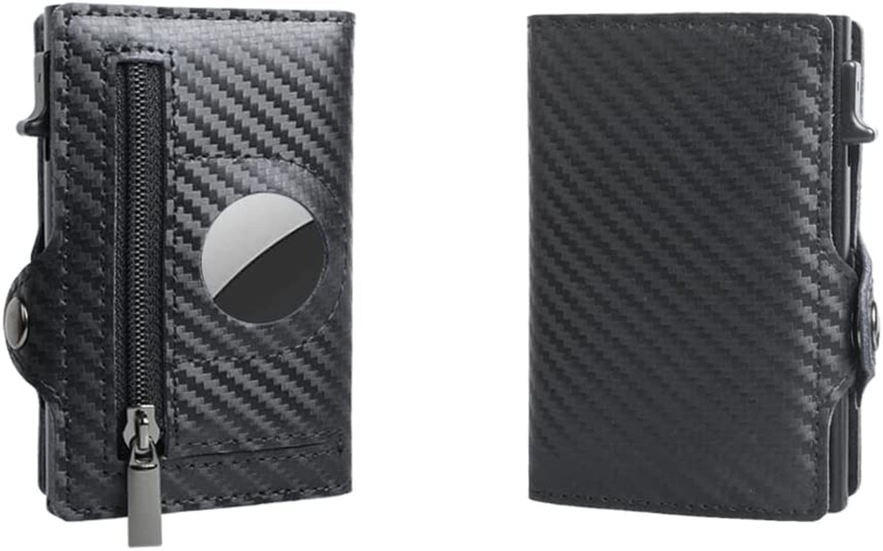 Airtag Wallet Genuine Premium Leather Credit Card Money Holder Airtag Cover Air Tag Case Automatic Pop up Wallet Aluminum Slim Pocket Bifold (Carbon Fiber)  Generic   
