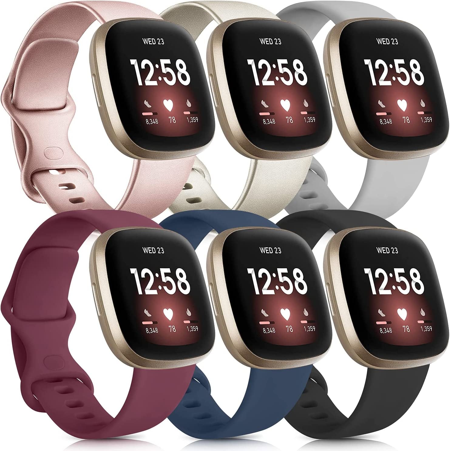 6 Pack Sport Bands Compatible with Fitbit Versa 3 Bands/Fitbit Sense Bands, Classic Soft Silicone Replacement Wristbands for Fitbit Versa 3 Smart Watch Women Men (Small, 6 Pack E)  Mugust #A Rose gold/Champagne gold/Gray/Wine red/Blue/Black Small 