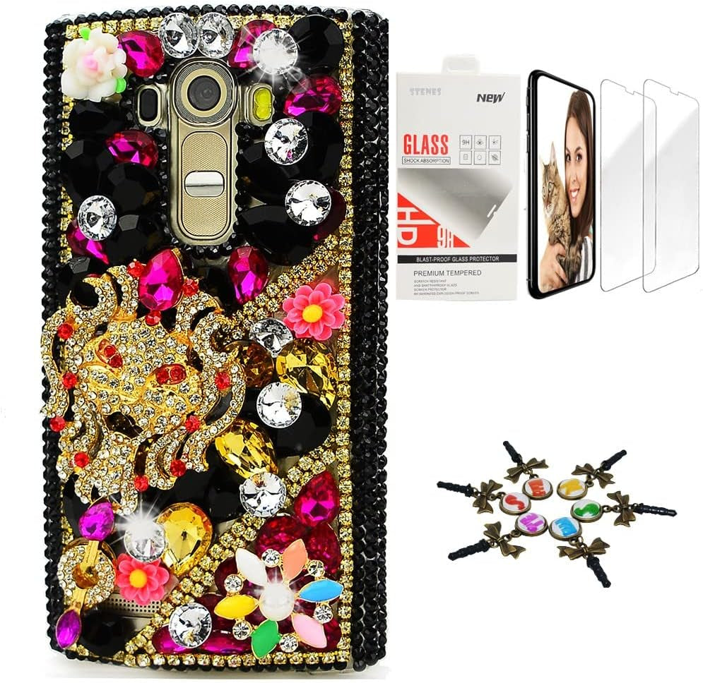 STENES Bling Case Compatible with LG G6 / LG G6 plus - Stylish - 3D Handmade [Sparkle Series] Tribal Mask Flowers Design Cover with Screen Protector [2 Pack] - Gold&Black  STENES   