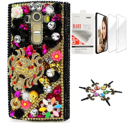 STENES Bling Case Compatible with LG G6 / LG G6 plus - Stylish - 3D Handmade [Sparkle Series] Tribal Mask Flowers Design Cover with Screen Protector [2 Pack] - Gold&Black  STENES   
