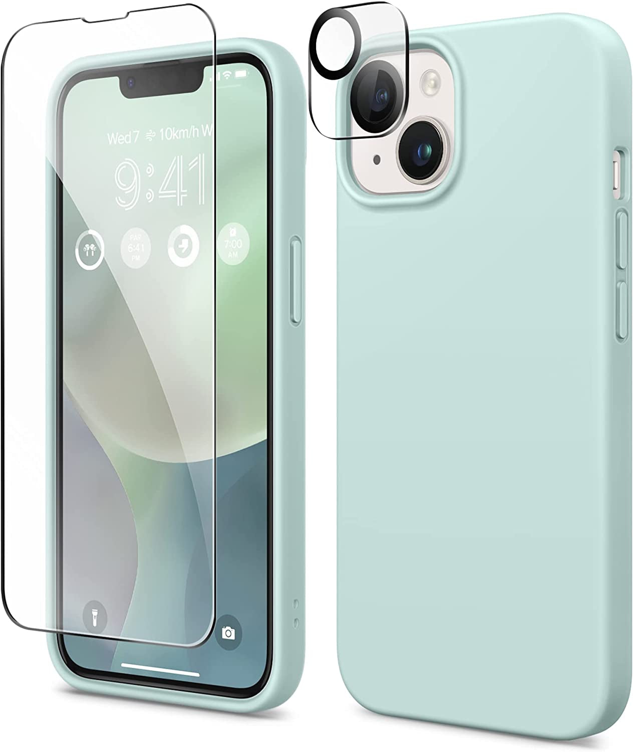 GONEZ for Iphone 14 Case Silicone, with Screen Protector + Camera Lens Protector, [Soft Anti-Scratch Microfiber Lining], Slim Liquid Silicone Shockproof Protective Phone Cover 6.1 Inch, Stone  GONEZ Mint Green  