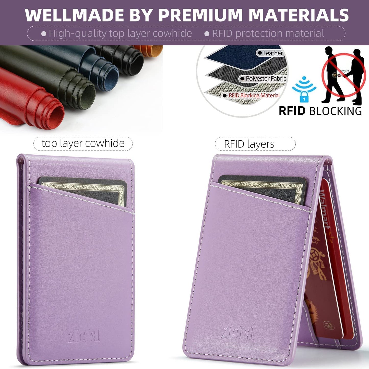 ZICISI Genuine Leather Detachable Magnetic Wallet Compatible with Magsafe Wallets Stand with 5 Card Slots & RFID Blocking&Metal Ring,For Iphone 14/13/12 Pro Max,Samsung and Android Phone Case,Purple  ZICISI   