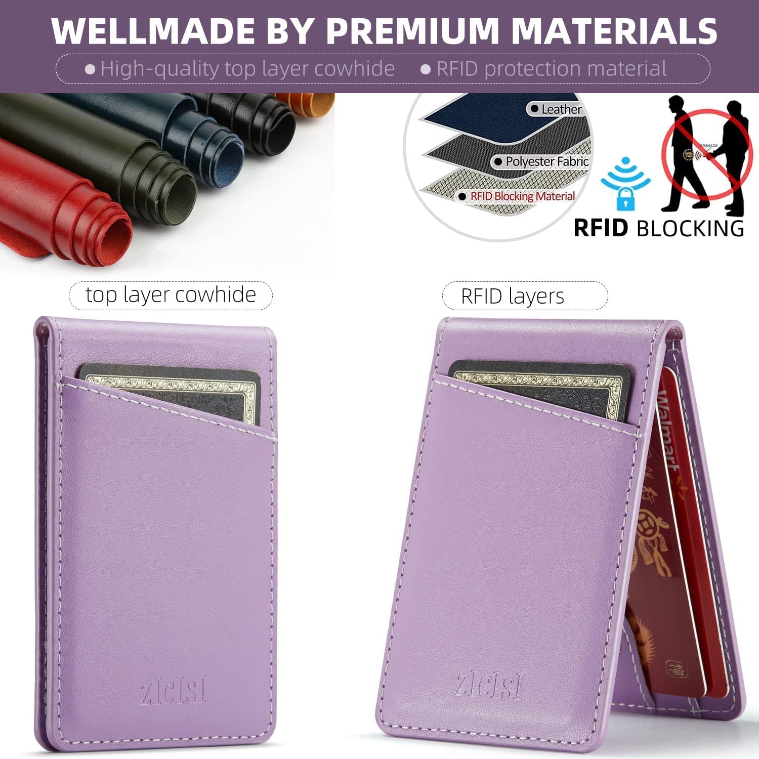ZICISI Genuine Leather Detachable Magnetic Wallet Compatible with Magsafe Wallets Stand with 5 Card Slots & RFID Blocking&Metal Ring,For Iphone 14/13/12 Pro Max,Samsung and Android Phone Case,Purple  ZICISI   