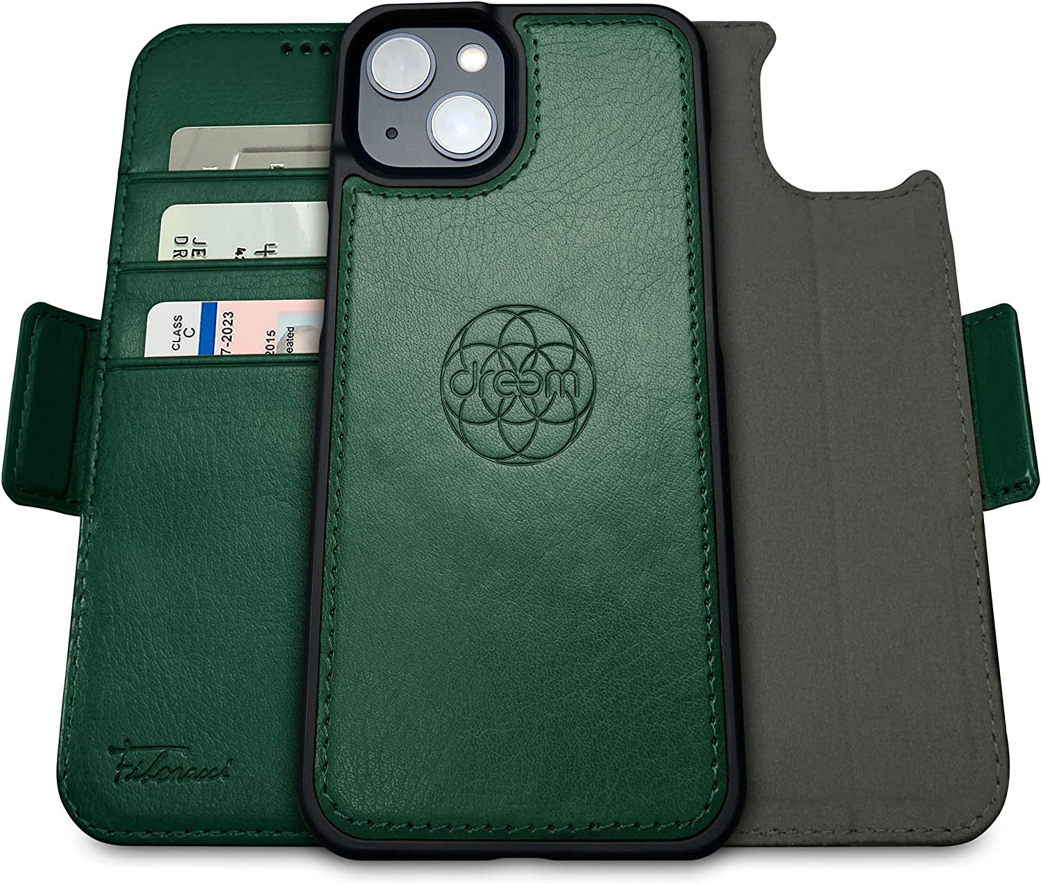 Dreem Fibonacci 2-In-1 Wallet Case for Apple Iphone 14 plus - Luxury Vegan Leather, Magnetic Detachable Shockproof Phone Case, RFID Card Protection, Magsafe Compatible - Black  dreem Midnight Green iPhone 14 Plus 