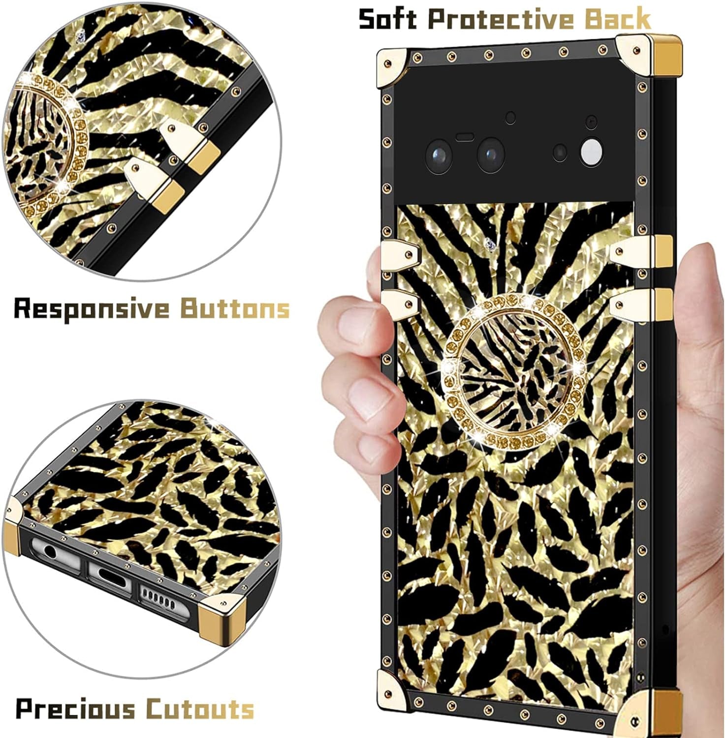 Designed for Google Pixel 6 Phone Case Luxury Square Case Drop Shockproof Protection Cover Elegant Cute Shining Retro Golden Glitter Leopard Cheetah Case for Google Pixel 6 - Leopard  Easyscen   