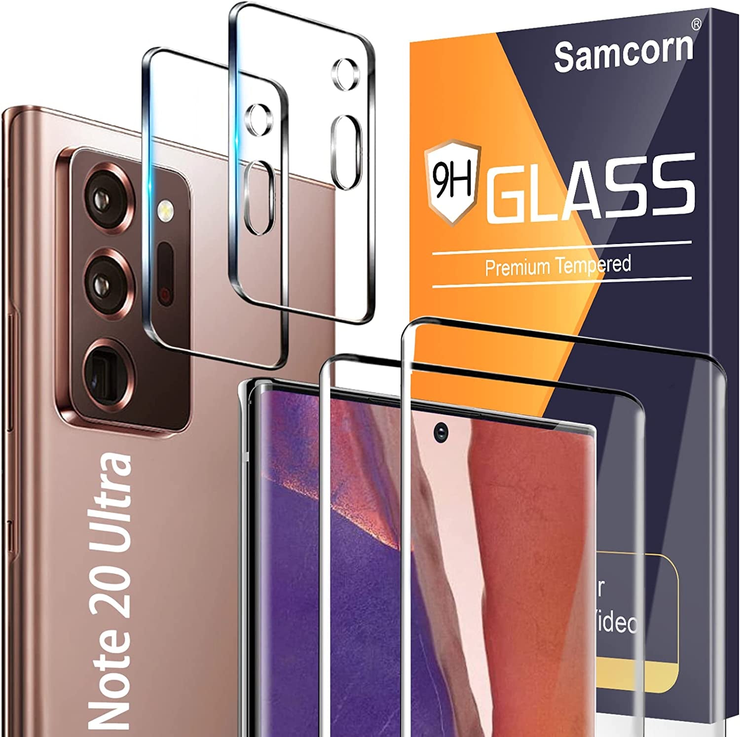 Samcorn [2+2 Pack] Screen Protector Samsung Galaxy Note 20Ultra/Note20 Ultra 5G,9H Tempered Glass,Ultrasonic Fingerprint Compatible,3D Curved,Hd Clear,Bubble-Free Galaxy Note 20Ultra Glass Protector  Samcorn   