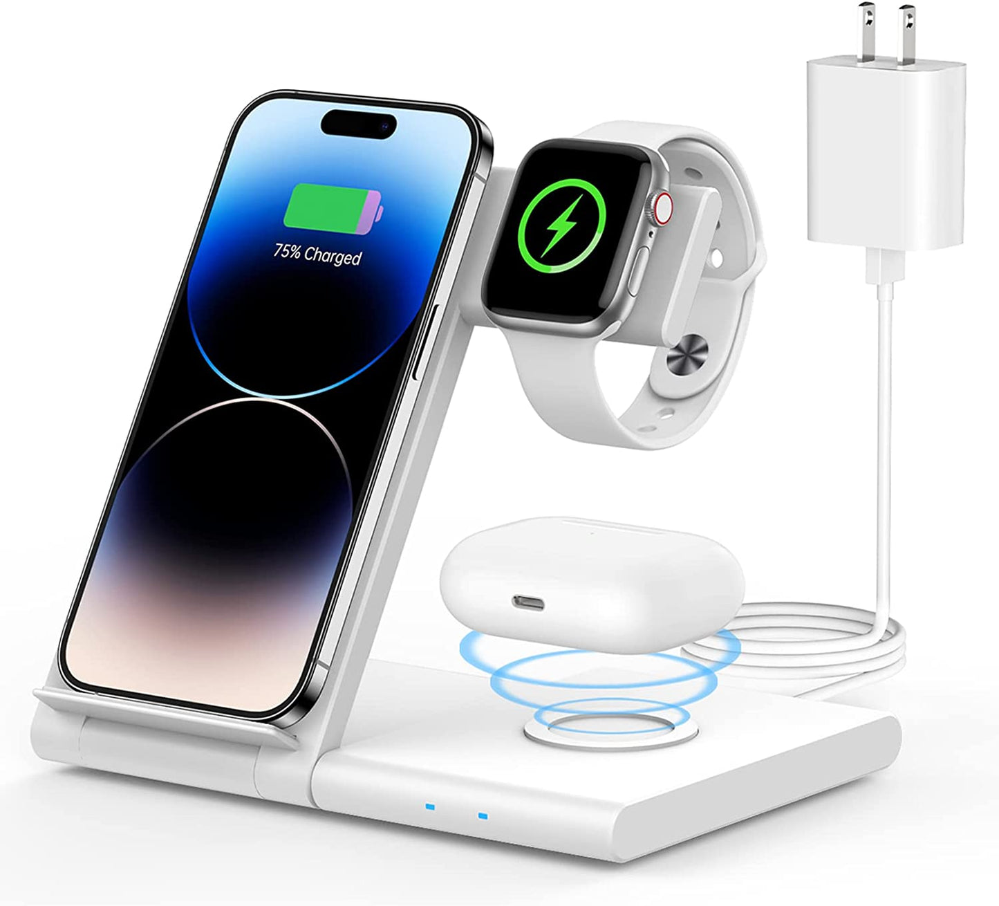 Wireless Charging Station WATOE 3 in 1 Fast Wireless Charger Stand Foldable for Iphone 14/13/12/11 (Pro, Pro Max)/Xs/Xr/X/8 (Plus), Apple Watch Series 8/7/6/SE/5/4/3/2 & Airpods 3/2/Pro with Adapter  Bormmie White  