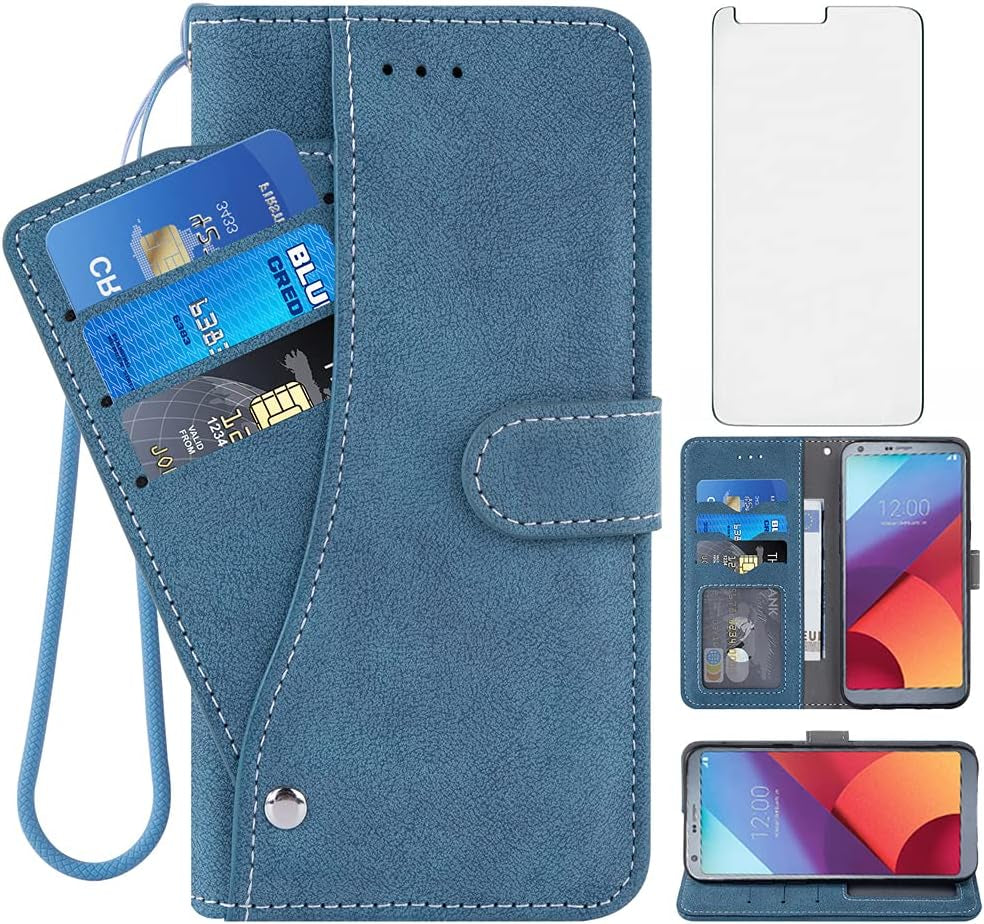 Asuwish Compatible with LG G6 Wallet Case and Tempered Glass Screen Protector Flip Credit Card Slot Holder Stand Shockproof Cell Phone Cover for LGG6 Thinq LG6 Thin Q G 6 plus G6+ 6G VS988 H872 Blue  NSS   