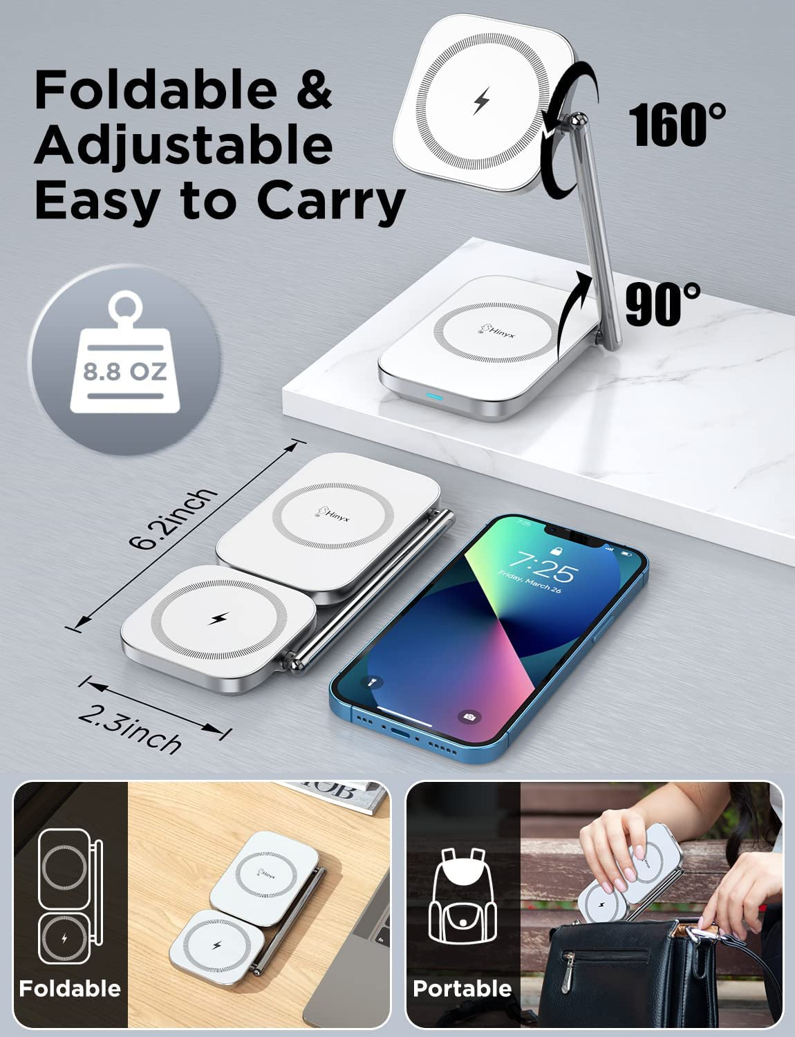 Fast Charging 2-In-1 Foldable Magnetic Wireless Charger, Compact & Portable Magsafe Charging Stand for Iphone 14/13/12 Series, Airpods 3/Pro/2, and All Qi-Enabled Phones  Hinyx Technology (Shenzhen) Co., Ltd.   