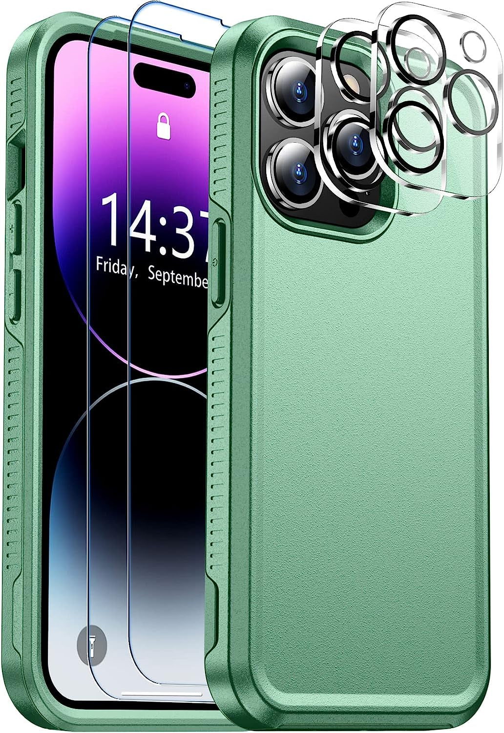 Justcool Designed for Iphone 14 plus Case, [Crystal Clear Not Yellowing] with [2 Pcs Tempered Glass Screen Protectors & 2 Pcs Camera Lens Protector] Slim Thin Protective Phone Case (Clear)  Justcool Pine Green Iphone 14 Pro 