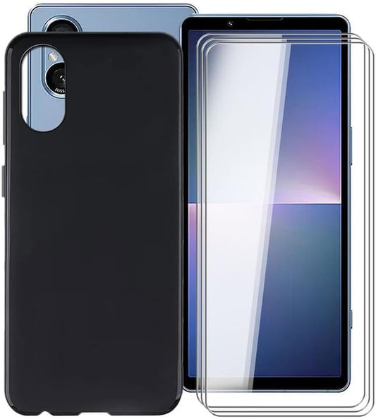 WIMSPEED Phone Case for Sony Xperia 5 V (6.1") + 3 Pack Tempered Glass Protective Film, Soft Silicone Shockproof X anti Scratch Shell TPU Slim Cover for Sony Xperia 5 V - Black  WIMSPEED   