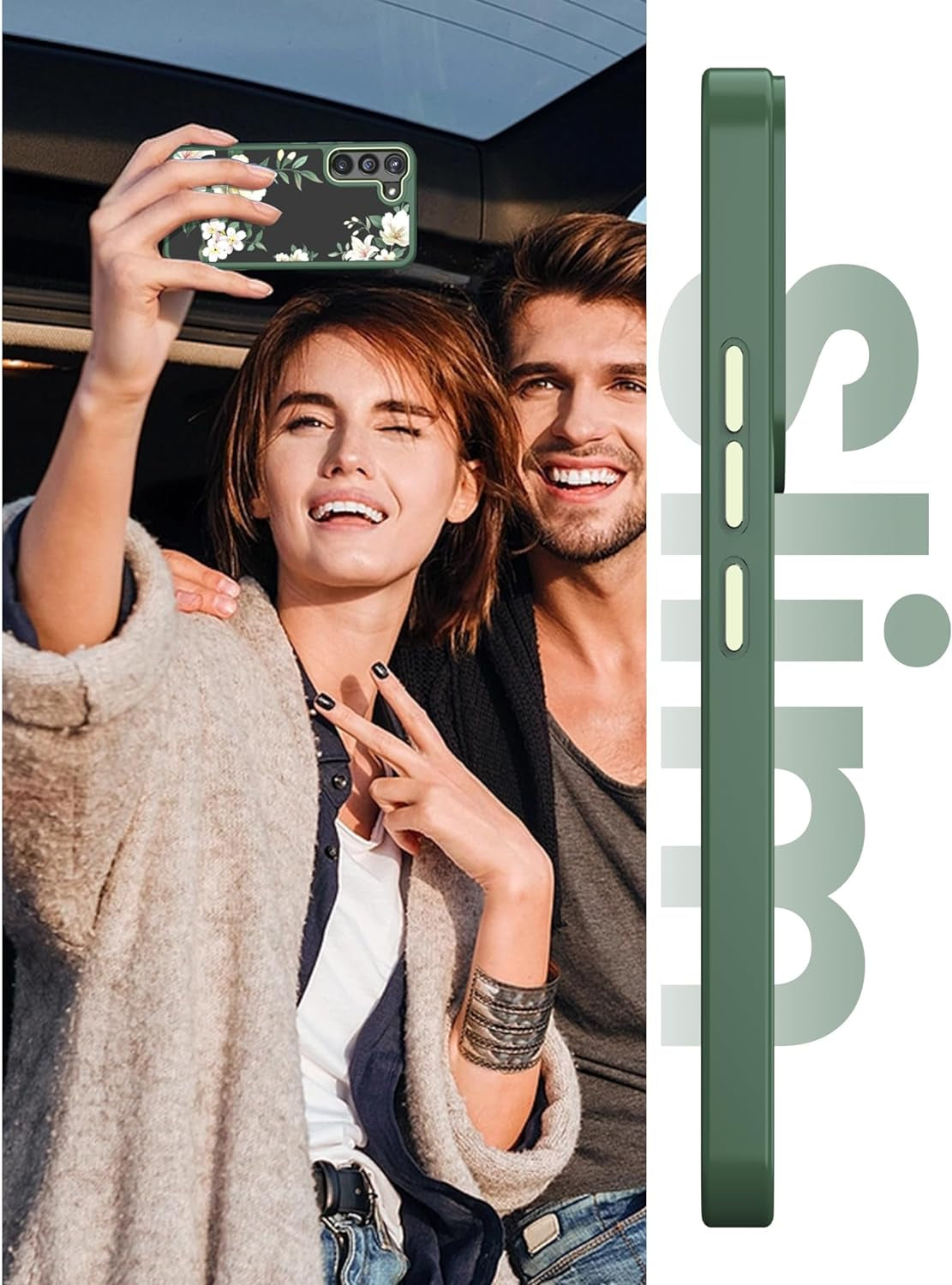 Dretal for Samsung Galaxy S22 5G Case Floral, Military Grade Drop Tested Hard Back & Soft Edge Slim Flower Women Girls Phone Protective Cover + Tempered Glass Screen Protector for Galaxy S22 (Green)  Dretal   