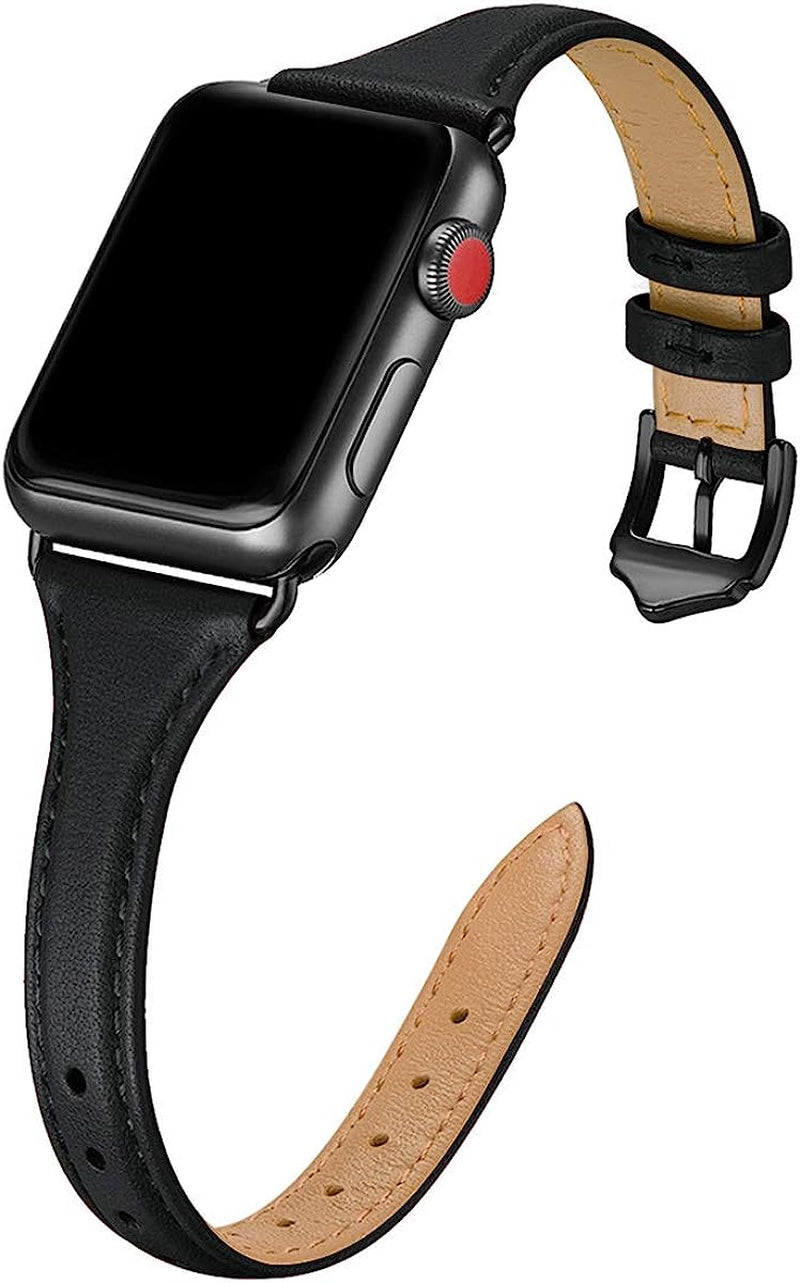 WFEAGL Leather Bands Compatible with Apple Watch Band 38Mm 40Mm 41Mm 42Mm 44Mm 45Mm 49Mm Women, Top Grain Leather Strap Slim & Thin Replacement Wristband for Iwatch Ultra SE & Series 8 7 6 5 4 3 2 1  WFEAGL Black/Black 38mm 40mm 41mm 