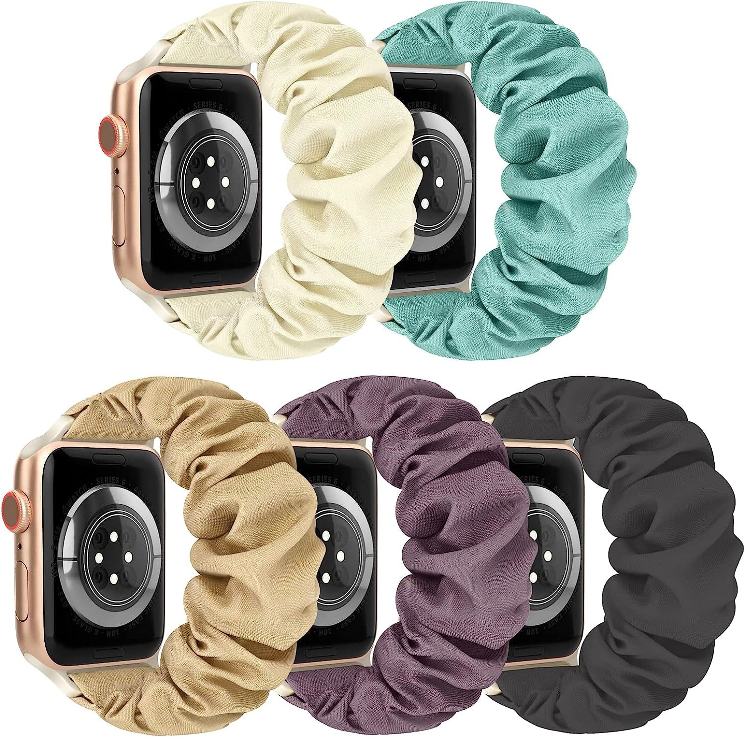 Scrunchie Watch Bands for Women Compatible with Apple Watch 38Mm 40Mm 41Mm 42Mm 44Mm 45Mm, Elastic Scrunchy Replacement Band Soft Stretchy Band for Iwatch Series 7/6/5/4/3/2/1/SE  DKGKOO G(Black/Starlight/Cactus/Smoke Violet/Milk Tea) 42mm/44mm/45mm Large-Size 