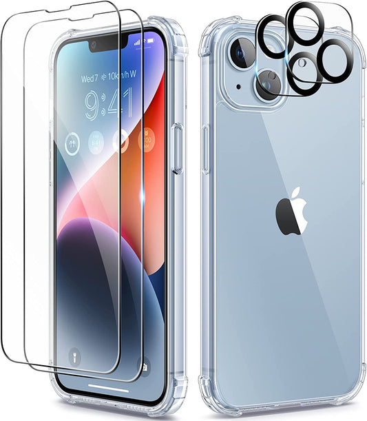 BERFY for Iphone 14 Case, with 2X Screen Protector + 2X Camera Lens Protector, [Not Yellowing] Crystal Clear Shockproof Hard Back Slim Protective Phone Cover for Women Girls, 6.1" (Transparent)  BERFY Transparent iPhone 14 6.1 inch 