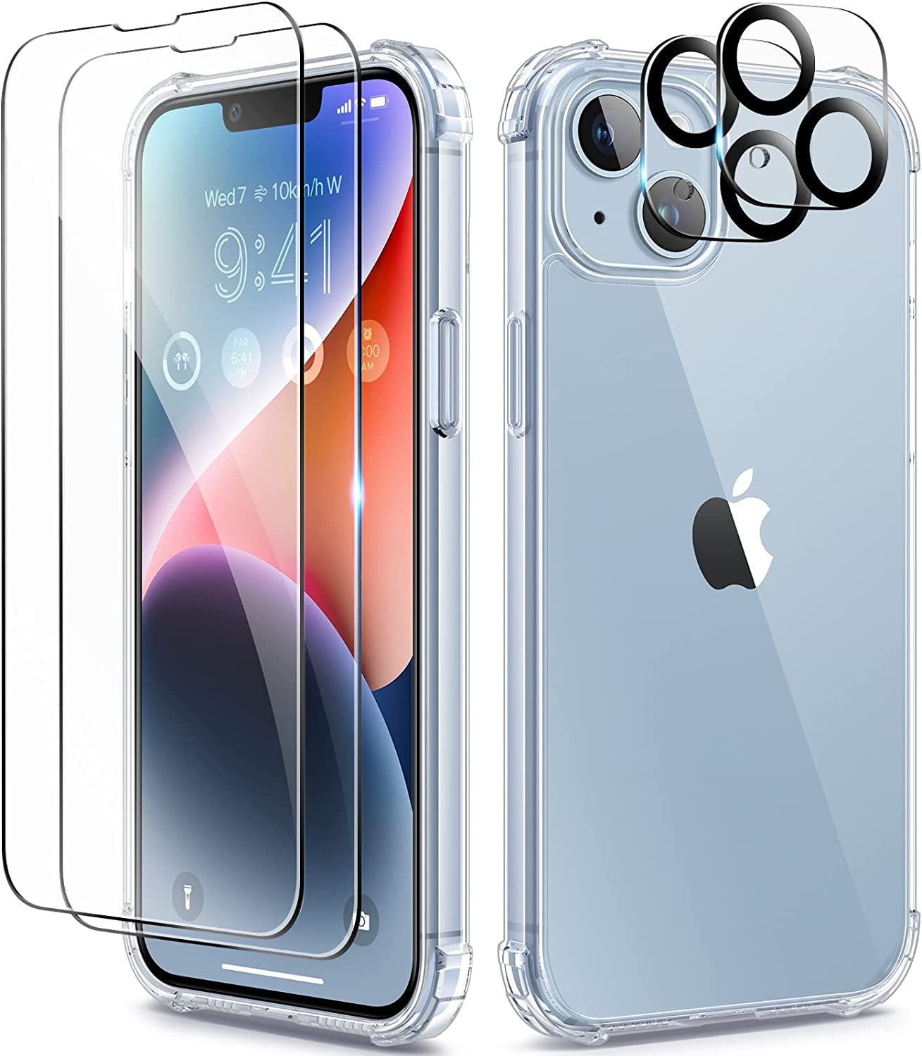 BERFY for Iphone 14 Case Glitter, with 2X Screen Protector + 2X Camera Lens Protector, [Not Yellowing] Sparkly Crystal Shockproof Hard Back Slim Protective Phone Cover for Women Girls (Clear Blue)  BERFY Transparent iPhone 14 6.1 inch 