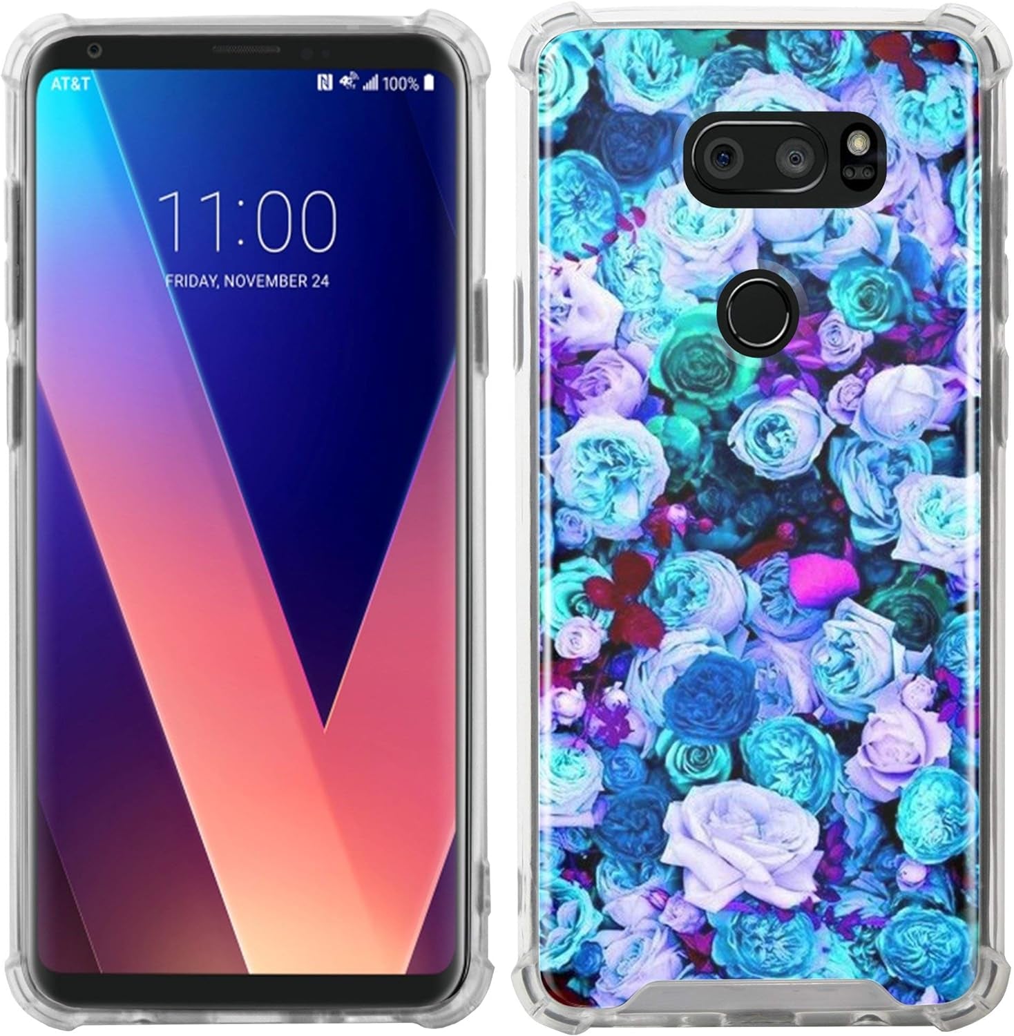 Casesondeck Bumper Case Compatible with [LG V30S Thinq and LG V30] Slim Fitted Clear TPU Bumper Shock Case (Blue Roses)  CasesonDeck   