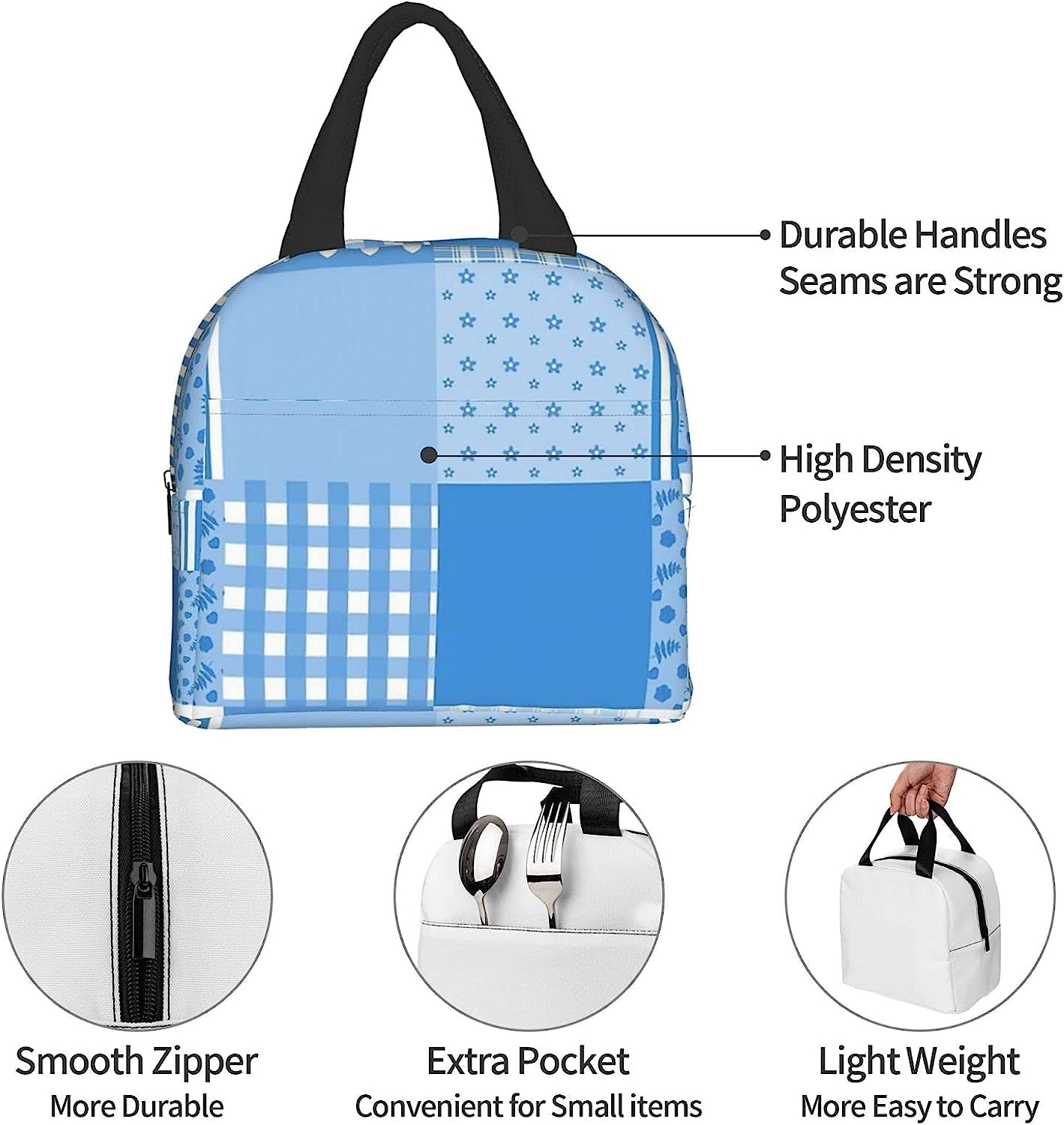 Fashion Blue and White Patchwork Lunch Box Insulated Cooler Lunch Tote Bag Travel Picnic Durable Shopping Reusable Waterproof Bags for Women  carati   
