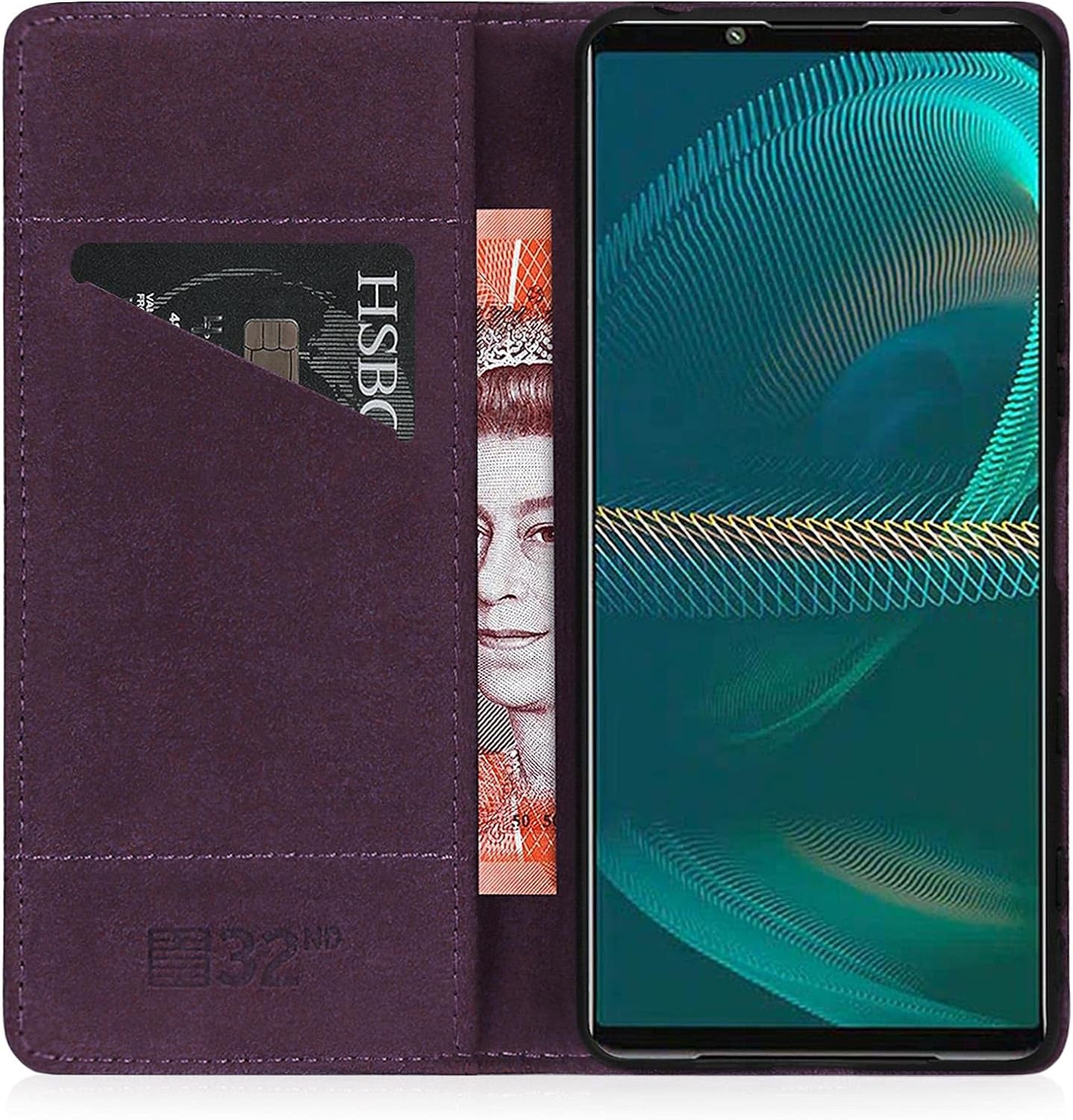 32Nd Classic Series 2.0 - Real Leather Book Wallet Case Cover for Sony Xperia 5 III (2021), Real Leather Design with Card Slot, Magnetic Closure and Built in Stand - Aubergine  32ndShop   