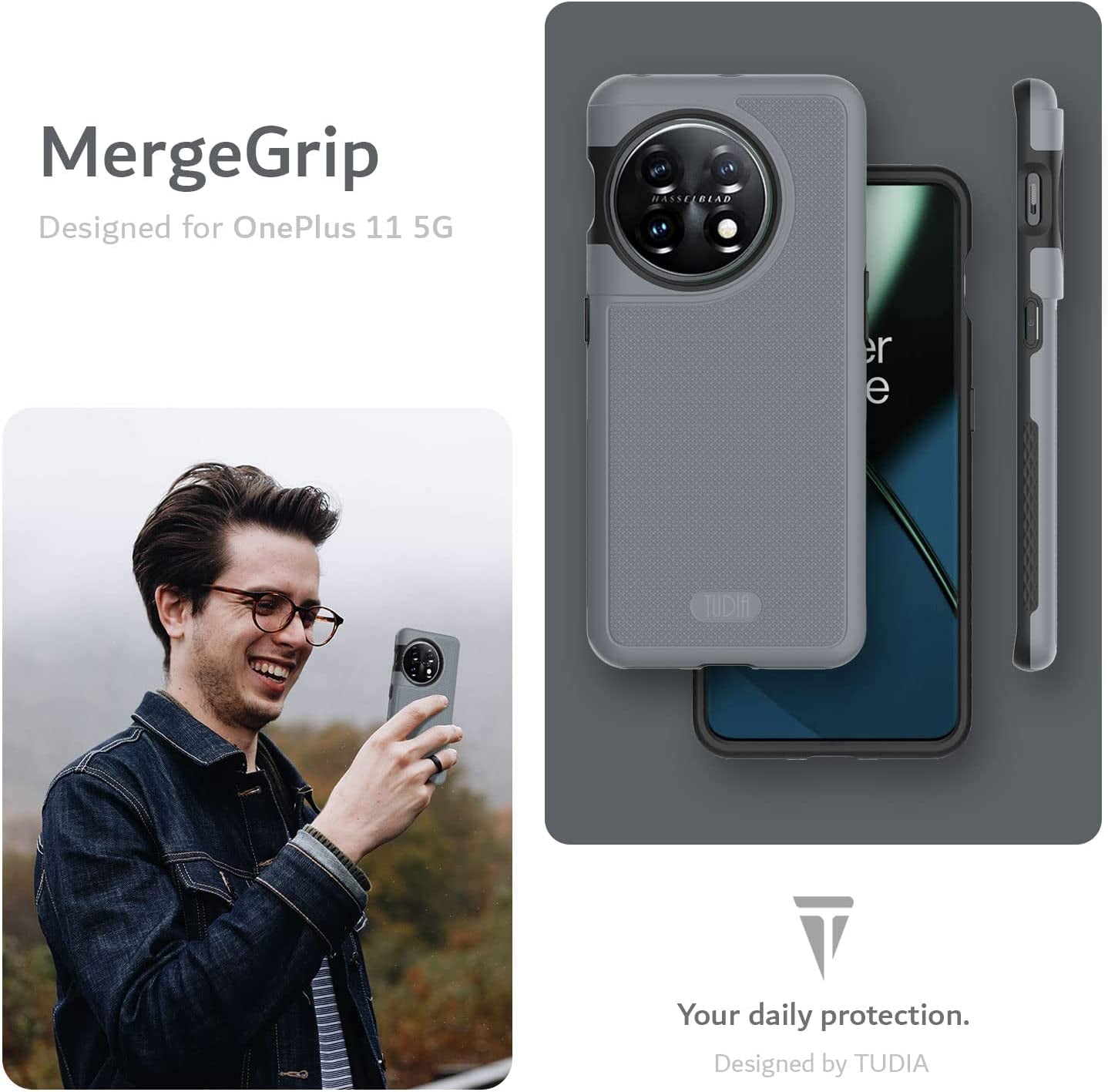 TUDIA Dualshield Grip Designed for Oneplus 11 Case 5G (2023), [Mergegrip] Dual Layer Shockproof Slim Military Grade Non-Slip Tough Heavy Duty Protective Phone Case Cover (Gray)  TUDIA   