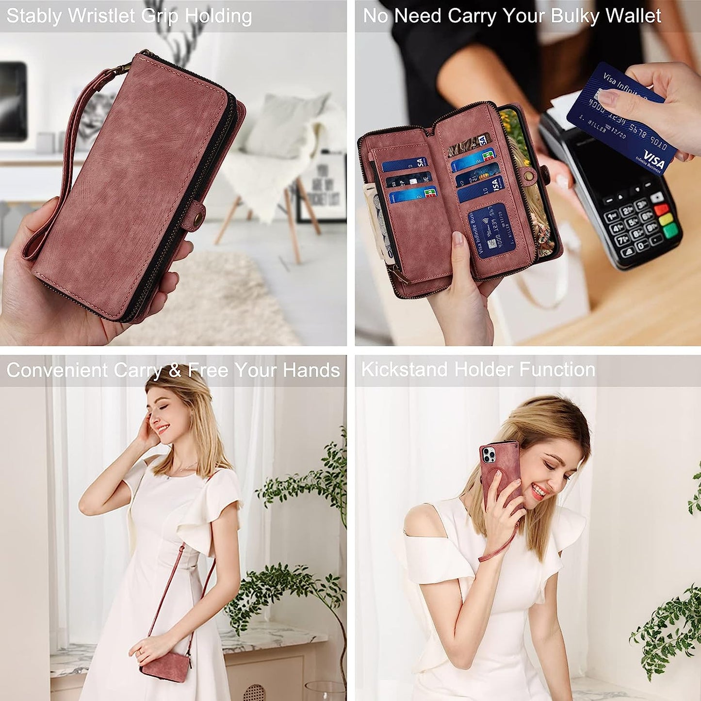 Rssviss for Iphone 12/12 Pro Case Wallet Cover for Women Men, 《RFID Blocking》《Magsafe》Credit Card Holder Leather Strap Zipper Wristlet Iphone 12 Pro Case with Magnetic Shockproof 6.1" Vintage Pink  Rssviss   