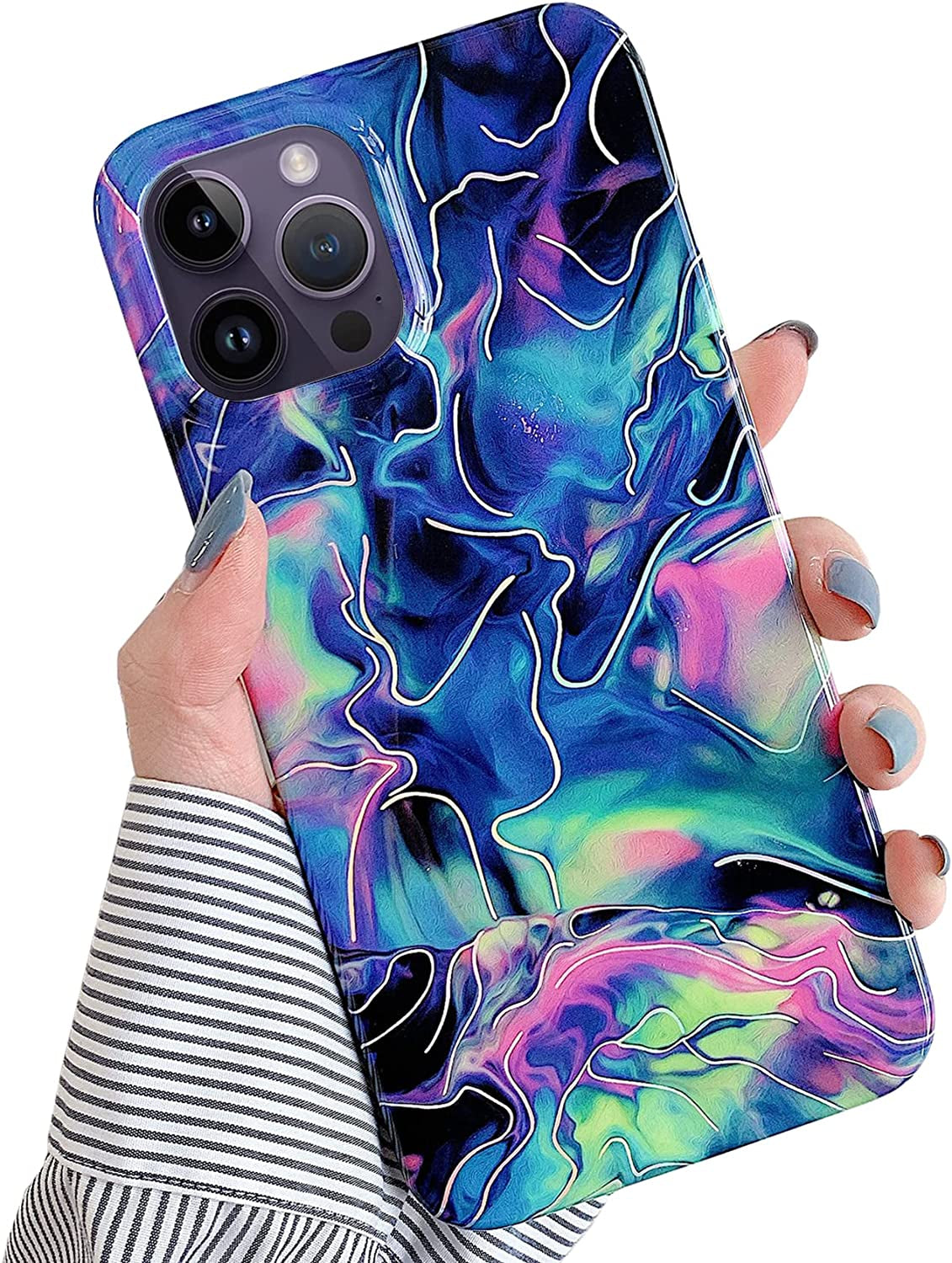 J.West for Iphone 14 Pro Max Case 6.7" Marble Fashion Designs Phone Cover for Women Girls, Stylish Slim Shockproof Soft Bumper Grey Agate Slice Marble Stone Print Protective Phone Case  J.west Blue  