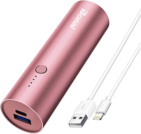 BONAI Portable Charger Iphone 5000Mah Power Bank Cylindrical Ultra-Compact External Backup Battery Compatible with Iphone 13 12 Ipad Ipod Samsung Tablets - Rose Gold (With an 8-Pin Charging Cable)  Shenzhen Wang Xiong Digital Technology Co., Ltd.   