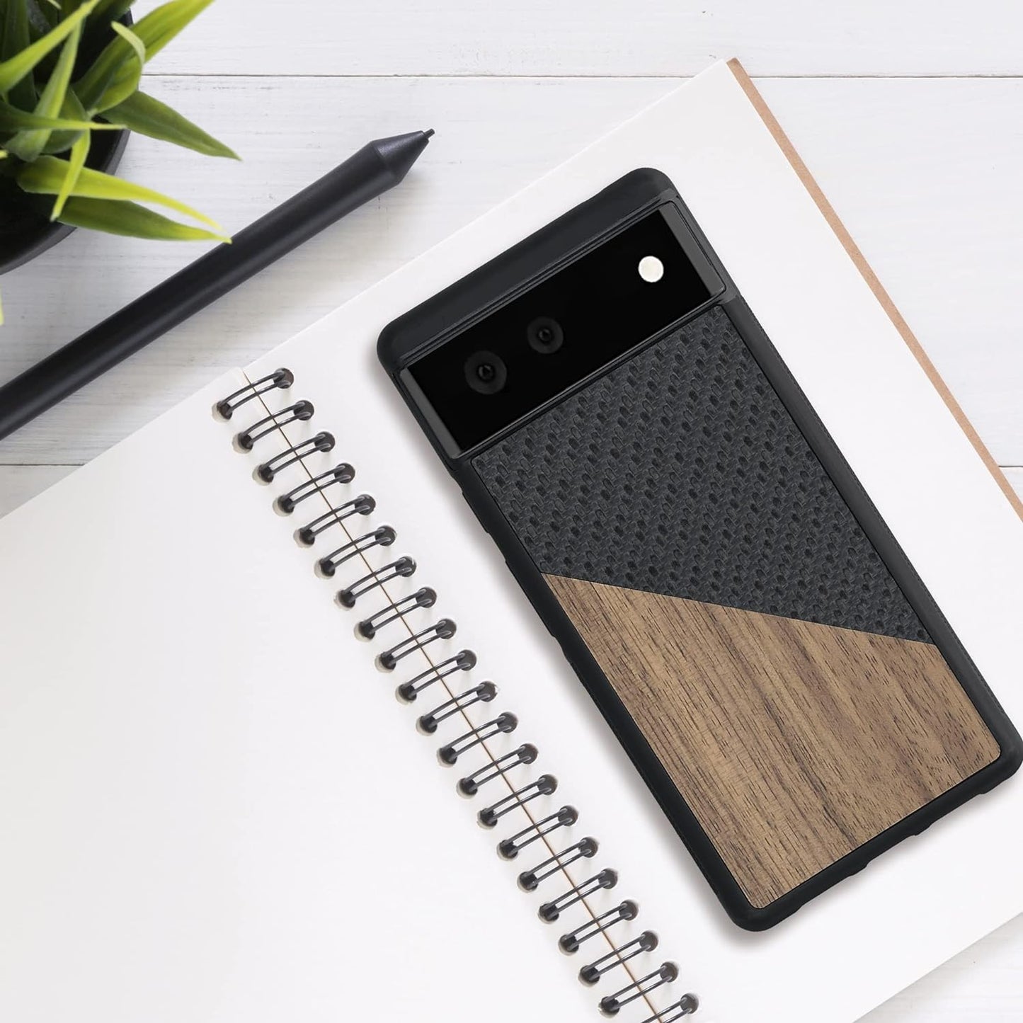 Kwmobile Case Compatible with Google Pixel 6 - Hard Phone Cover with TPU Bumper and Wood/Carbon Back - Dark Brown/Black  kwmobile   
