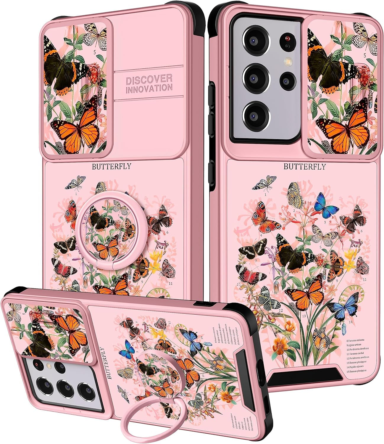 Funermei (2In1 for Samsung Galaxy S21 Ultra Case for Women Sunflower Cute Girls Phone Cover Flowers Floral Girly Sun Flower Black Design with Camera Cover+ Ring Stand for S21 Ultra Case  Funermei Pink Butterfly  