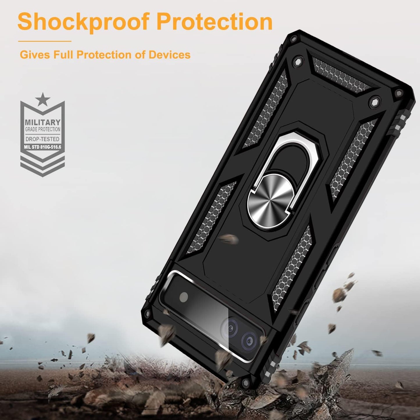 Muntinfe for Google Pixel 6A Case with Tempered Glass Screen Protector [2 Pack], Military-Grade Armor Shockproof Protective Phone Cover with Ring Magnetic Kickstand for Pixel 6A, Black  CAROL   