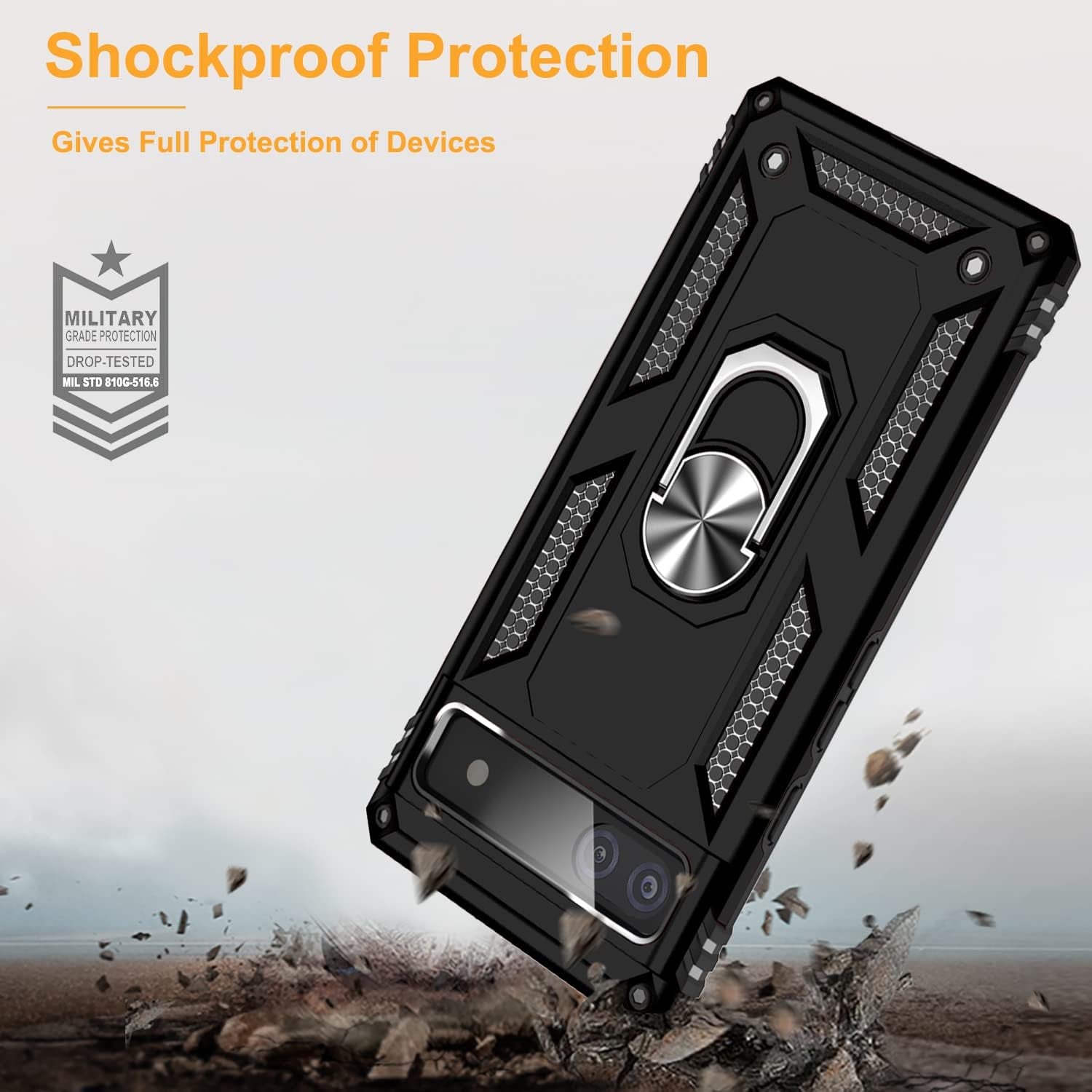 Muntinfe for Google Pixel 6A Case with Tempered Glass Screen Protector [2 Pack], Military-Grade Armor Shockproof Protective Phone Cover with Ring Magnetic Kickstand for Pixel 6A, Black  CAROL   