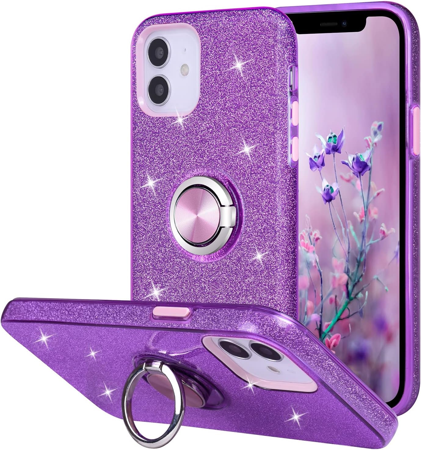 Wisdompro Iphone 12 Mini Case, Cute Glitter Bling Sparkle Protective Case with Ring Kickstand, Women Girls Phone Case for 5.4 Inch Apple Iphone 12 Mini - Purple  Wisdompro   