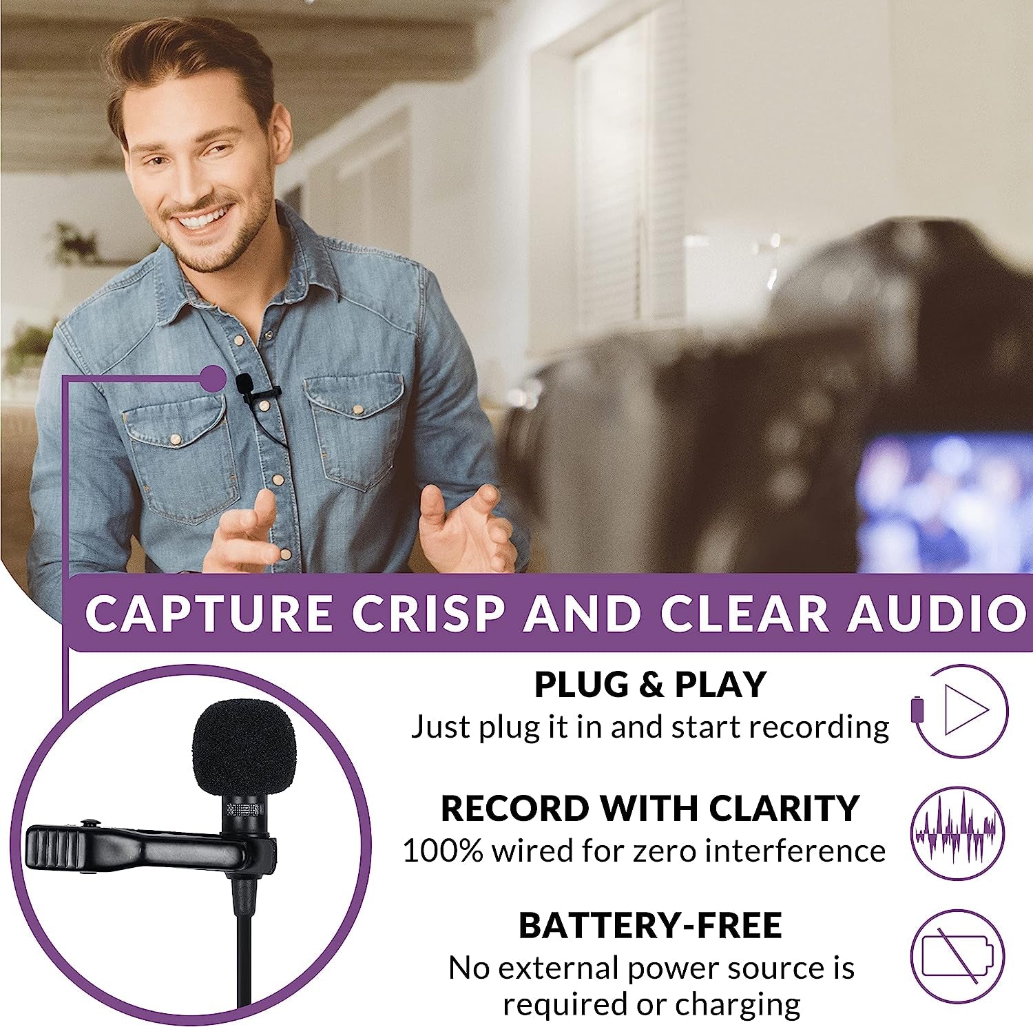 Purple Panda Lavalier Lapel Microphone Kit - Clip-On Omnidirectional Condenser Lav Mic Compatible with Iphone, Ipad, Gopro, DSLR, Zoom/Tascam Recorder, Samsung, Android, PS4  Purple Panda   