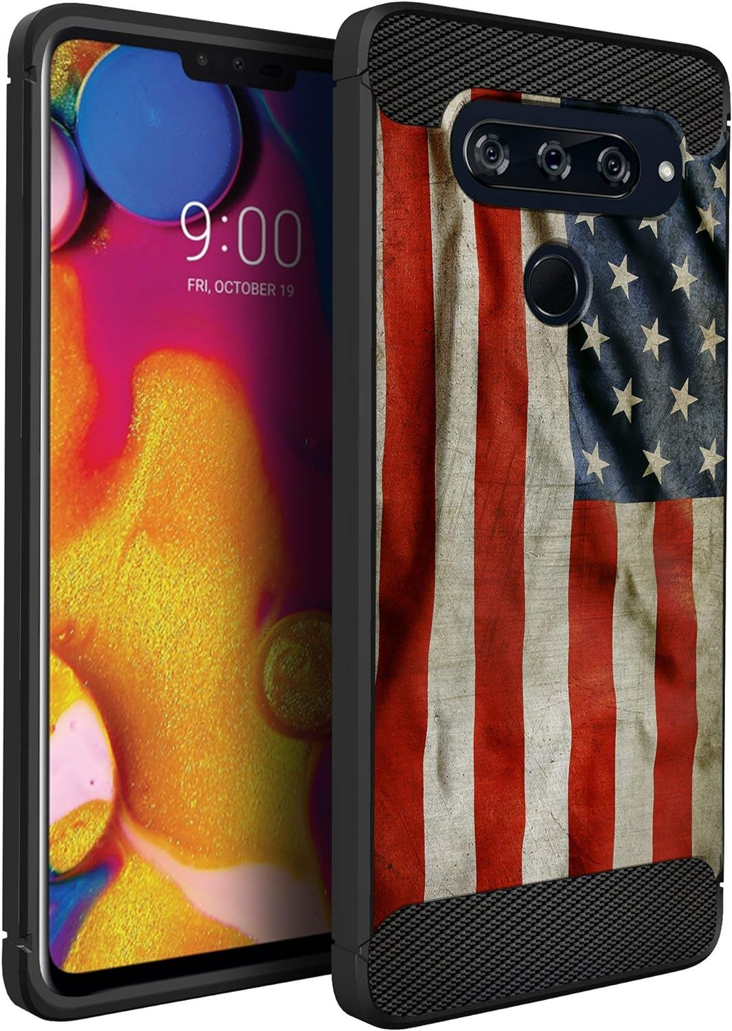 Casesondeck Slim Case Compatible with [LG V40 Thinq] Thin Scratch Preventing TPU, Matte Finish Carbon Fiber Texture Edges (Flower Skull)  CasesonDeck American Flag  