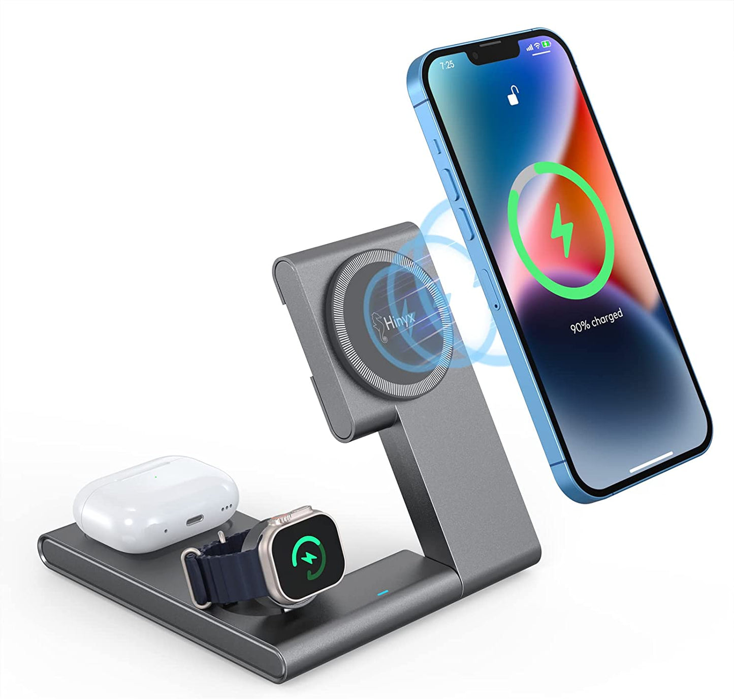 3-In-1 Fast Charging Foldable Magnetic Wireless Charger Magsafe Charger Stand for Iphone 14/13/12 Series, Iwatch 8-2, Airpods 3/2/Pro (With QC 3.0 Adapter)  Hinyx Technology (Shenzhen) Co., Ltd.   
