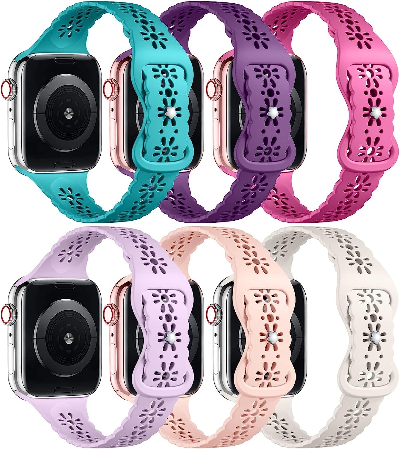 Keponew Lace Slim Bands Compatible with Apple Watch 38Mm 40Mm 41Mm 42Mm 44Mm 45Mm 49Mm, Strap Compatible with Apple Watch Ultra, Hollow-Out Soft Bands for Iwatch Series 8 7 6 5 4 3 2 1 SE, 6 Packs  Keponew Lavender/Teal/Plum/Rose/Beige/Pink Sand 38mm/40mm/41mm 