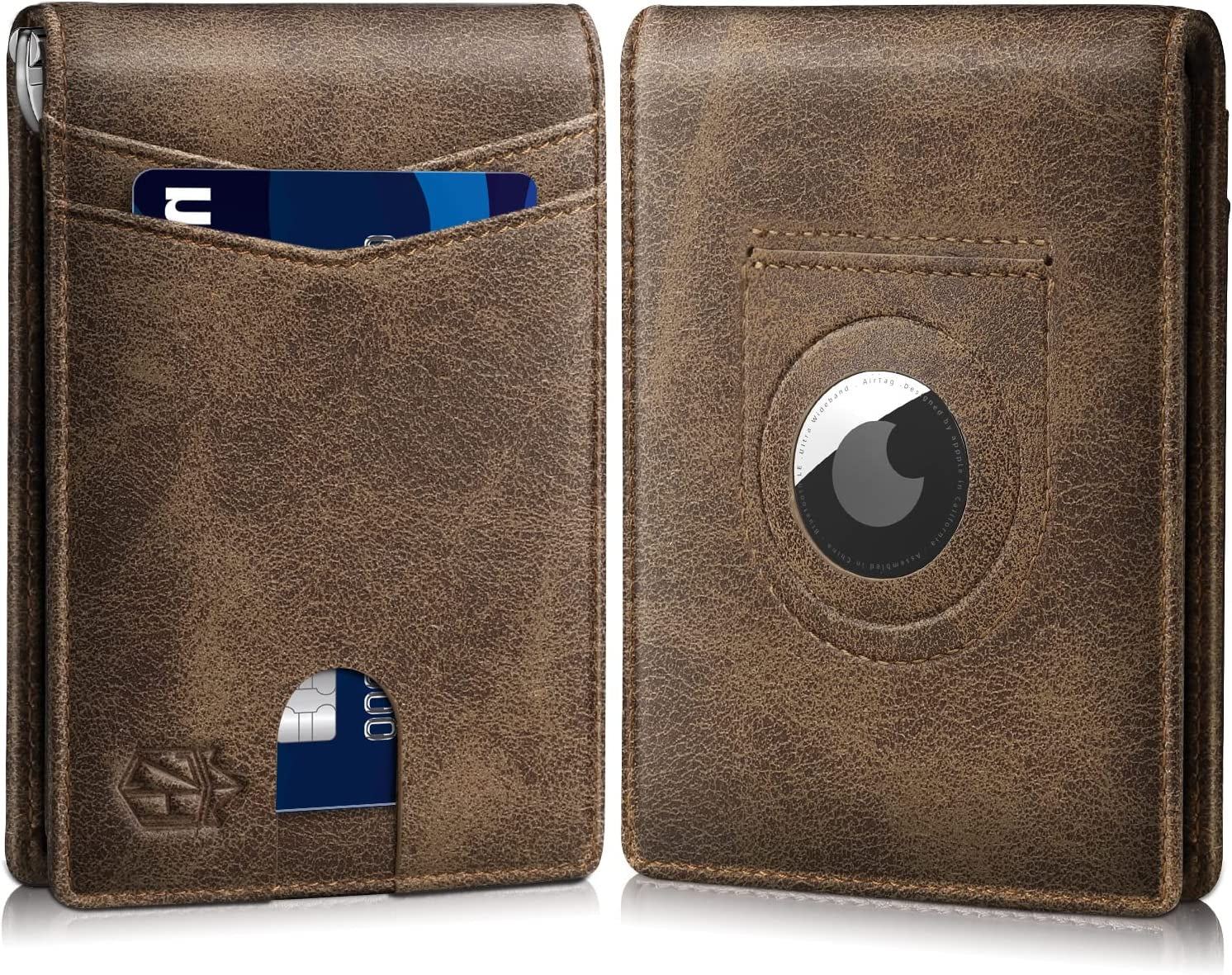 Zitahli Slim Wallet with Air Tag Holder, 12 Slots Vegan Leather Wallet with RFID Protection  Zitahli Crazy Horse Brown  