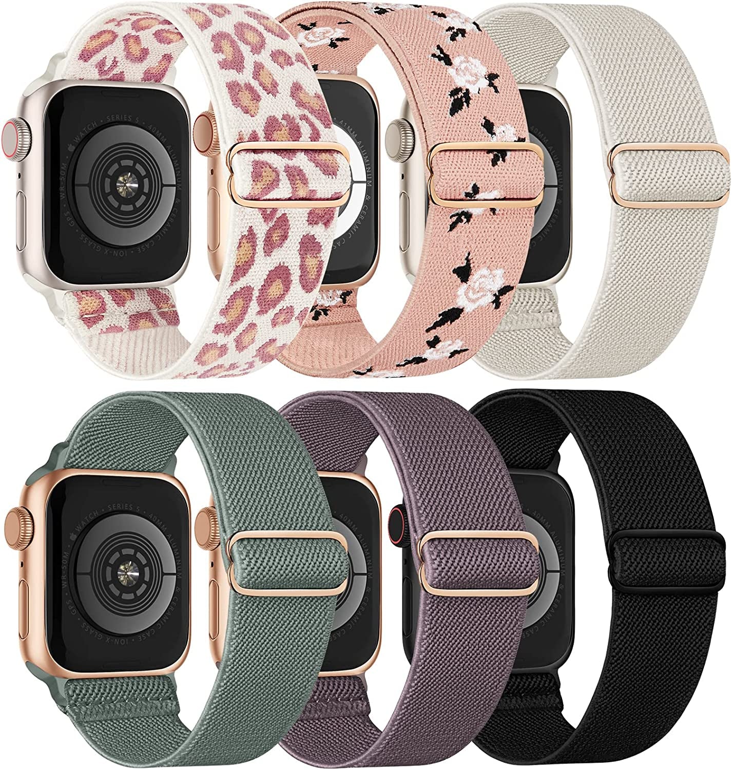 Stretchy Solo Loop Compatible with Apple Watch Band 38Mm 40Mm 41Mm 42Mm 44Mm 45Mm 49Mm Iwatch Series8/7/6/5/4/3/2/1/Se/Ultra  Recoppa Black/Starlight-PinkLeopard/PinkRose-Dark Pink/Smoke-Violet/Turquoise/Starlight 38MM/40MM/41MM 