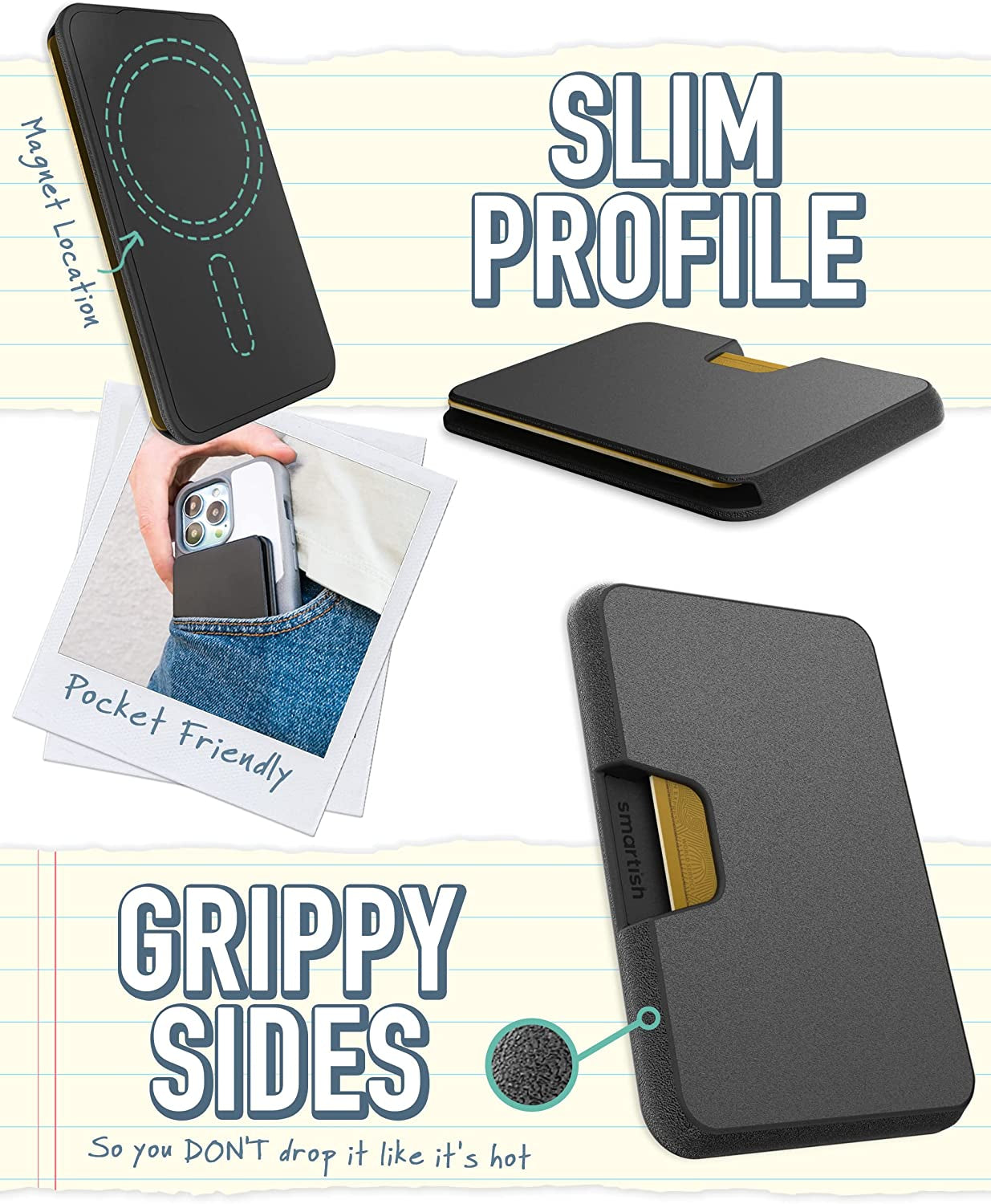 Smartish Wallet for Magsafe Iphones - Side Hustle - Slim Detachable Magnetic Card Holder for Apple Iphone 14/13/12 Models - Black Tie Affair  Smartish   