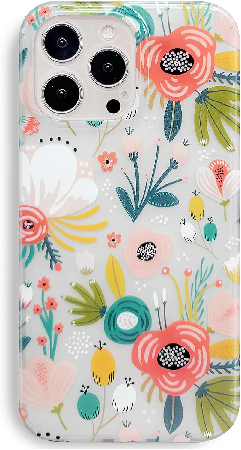 J.West Iphone 14 Pro Case 6.1, Aesthetic Watercolor Minimalist Boho Modern Abstract Prints Slim Geo Line Plant Palm Leaf Pattern Blue Pink Soft TPU Shockproof Cover Protective Phone Case for Women  J.west Clear Floral  