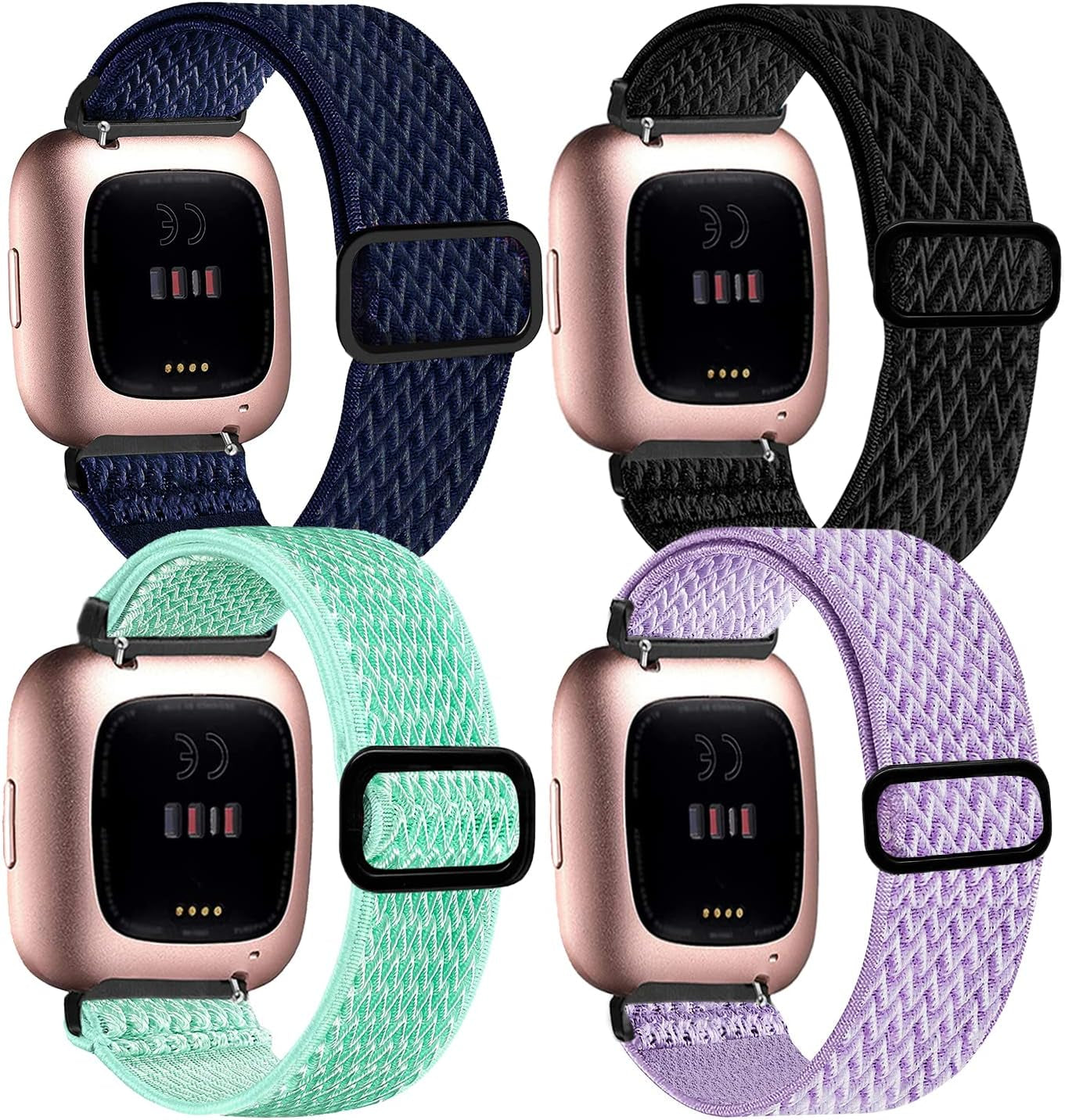 4 Pack Stretchy Bands Compatible with Fitbit Versa/Fitbit Versa Lite/Fitbit 2 Women Men, Adjustable Elastic Soft Loop Nylon Breathable Replacement Straps for Smartwatch Wristband  POHNUI Black + Dark Blue + Light Green + Purple  