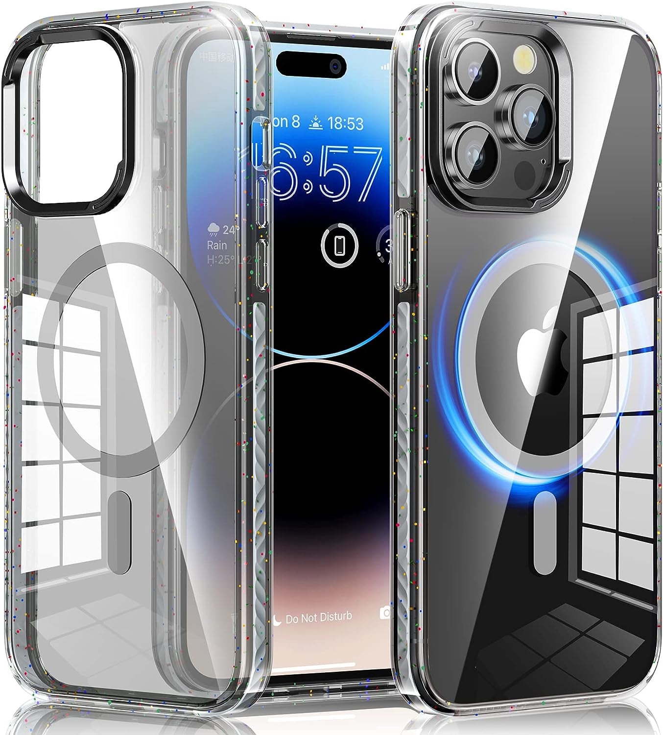 JUESHITUO for Iphone 14 Pro Max Case Magsafe with Glitter Shockproof Buffer Belt [Never Yellow] [10X Military Protection] [Screen Protector & Higher Camera Cover] Magnetic Clear Purple Back 6.7 Inch  JUESHITUO C-Glittery Black  