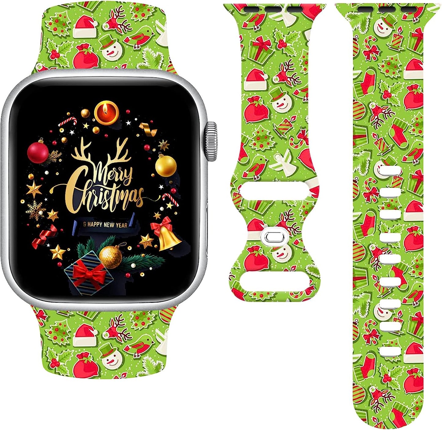 Christmas Watch Band Compatible with Apple Watch 38Mm 40Mm 41Mm 42Mm 44Mm 45Mm, Xmas Silicone Christmas Pattern Replacement Bands Wristbands Strap Compatible with All Iwatch Series  WANSENCE Christmas-B 42mm/44mm/45mm 