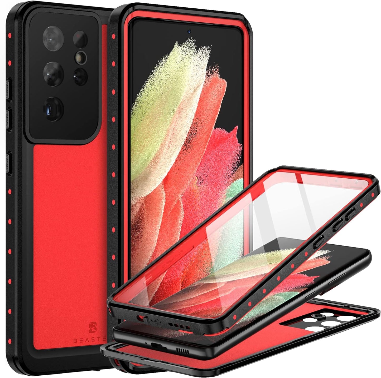 BEASTEK for Samsung Galaxy S21 Ultra Waterproof Case, NRE Series, Shockproof Underwater IP68 Case with Built-In Screen Protector Full Body Protective Cover, for Galaxy S21 Ultra 6.8 Inch (Blue)  BEASTEK Red Galaxy S21 Ultra 