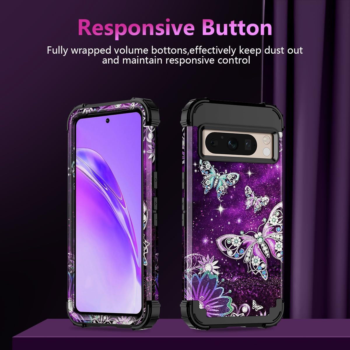 Rancase for Google Pixel 8 Pro Case,Three Layer Heavy Duty Shockproof Full Body Protection Hard Plastic Bumper+Soft Silicone Rubber Protective Girls Case for Google Pixel 8 Pro 6.7 Inch,Butterfly  Rancase   