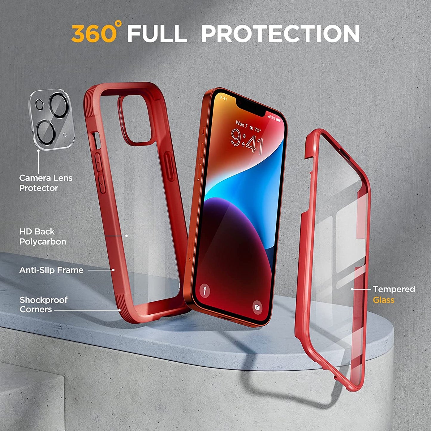 Miracase Glass Series Designed for Iphone 14 Case 6.1 Inch, 2023 Upgrade Full-Body Clear Bumper Case with Built-In 9H Tempered Glass Screen Protector and Camera Lens Protector,Red  Miracase   