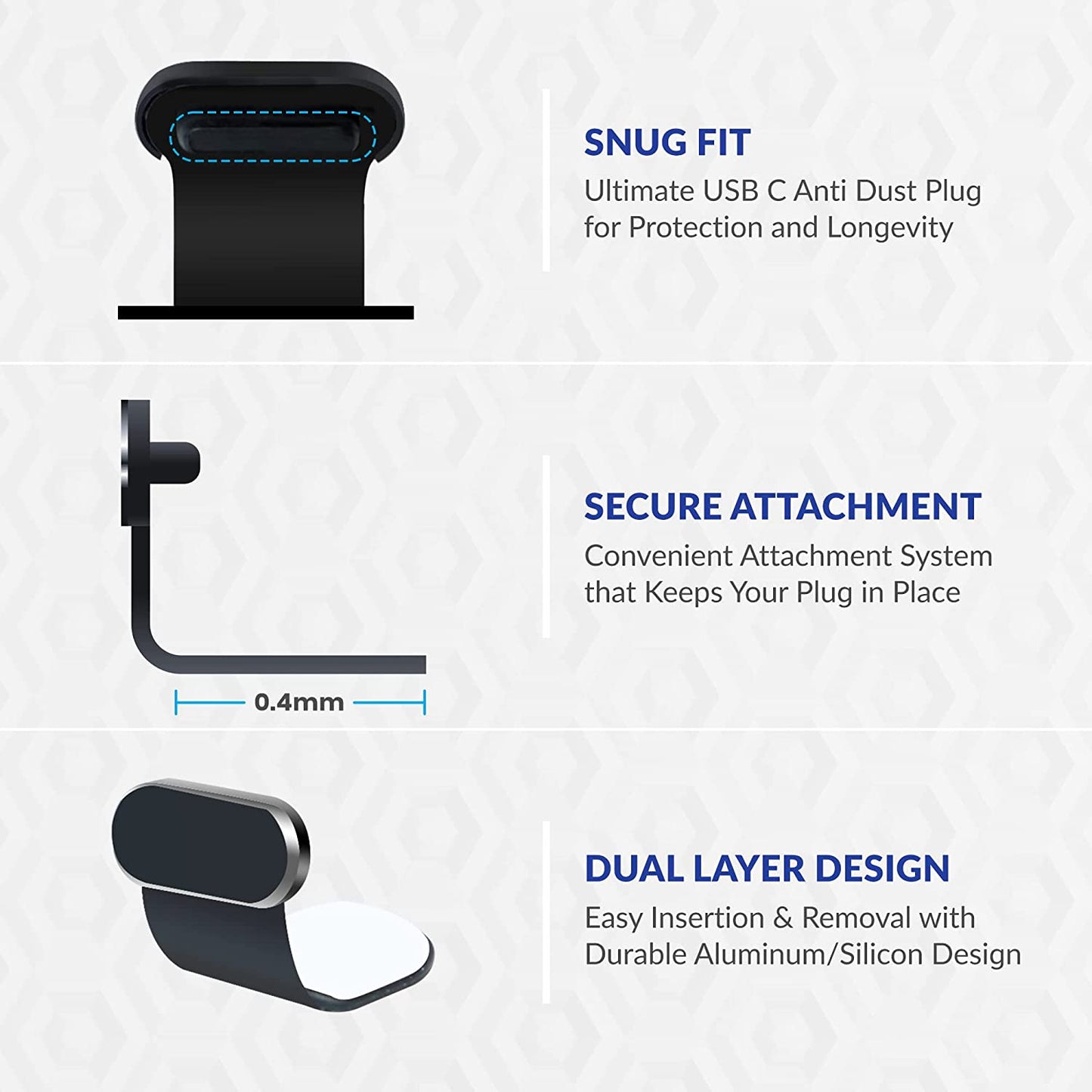 USB-C Port Covers (2-Pack) Aluminum Finish, Compatible with Samsung Galaxy, Android, Cell Phones- Attachable Dust Plugs, Includes Cleaning Tool  PortPlugs   