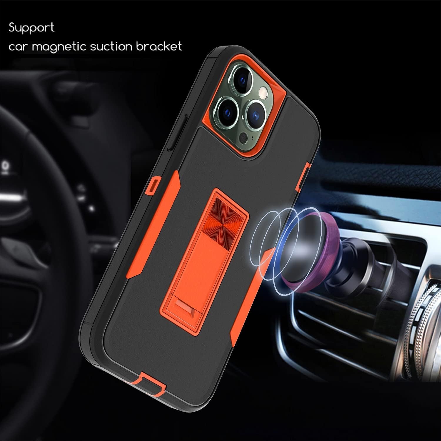Wulibox Professional Design for Iphone 12 Pro Max Case with Stand, Shockproof Drop Protection, Fit for Magnetic Car Mount, Upgrade Hard Pc&Premium Soft TPU Kickstand for Men Women (Black-Orange)  Wulibox   