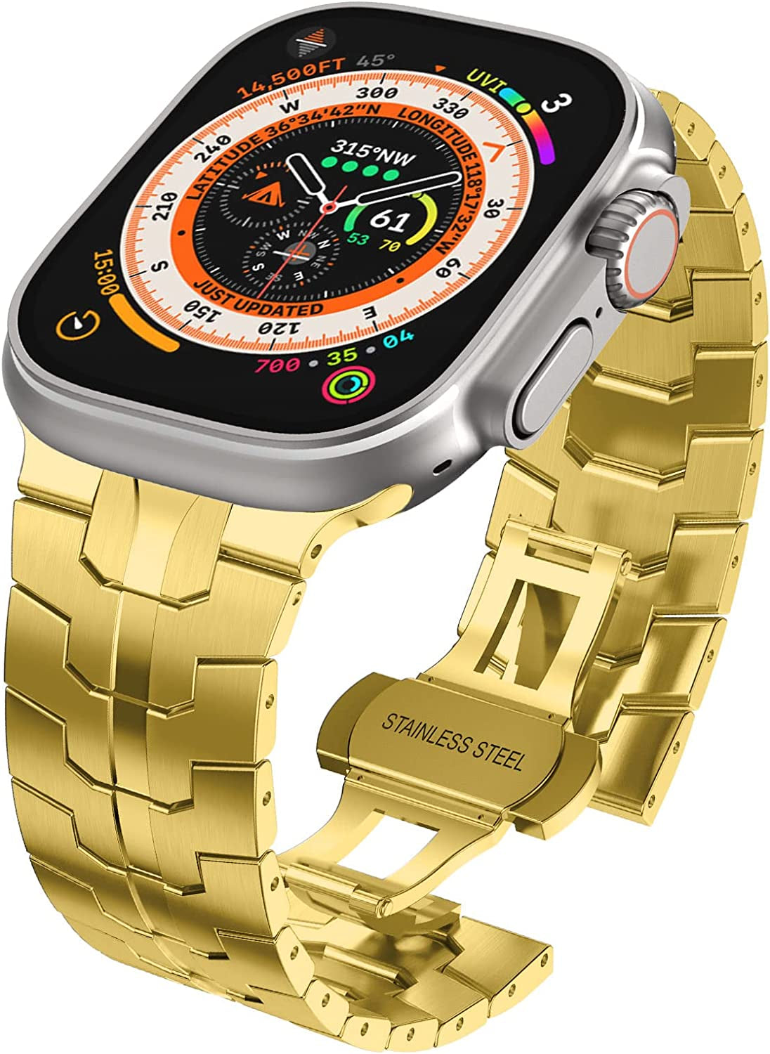 WINGLE Compatible for Apple Watch Ultra Band 49Mm 44Mm 45Mm 42Mm Series 8 7 Men, Stainless Steel Band Metal Strap Wristband for Apple Watch Iwatch Ultra SE 6 5 4 3 2 1 Link Women, Titanium  WINGLE Iron-Gold Ultra 49mm/45mm/44mm/42mm 