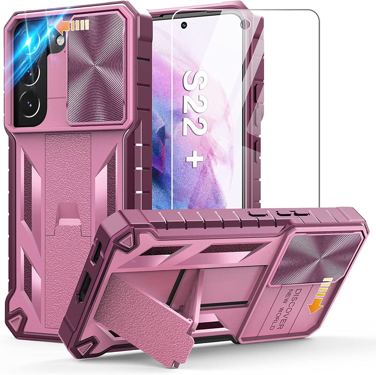 WTYOO for Samsung Galaxy S22-Plus Case: Military Grade Drop Proof Protective Rugged TPU Matte Shell | Shockproof Durable Protection Tough Cell Phone Cover with Built-In Kickstand  WTYOO Rose Pink  